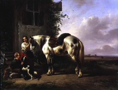 Ydersiden af en kro med ung pige, dreng, hund, hest af Wouterus Verschuur