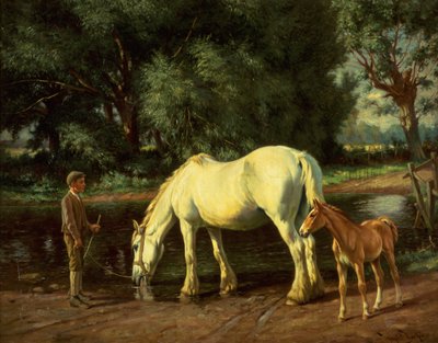 En hoppe og hendes føl ved et vadested (olie på lærred) af Wright Barker