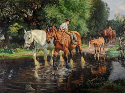 Bondegårdsheste og føl ved et vadested, ca. 1915 (olie på lærred) af Wright Barker
