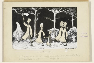 Henk, Anne, Hans, Noor og Elly marcherer gennem sneen af Wybo Meijer (signed by artist)