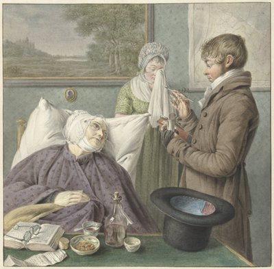 Lægen besøger en syg gammel kvinde i sengen af Wybrand Hendriks (attributed to)