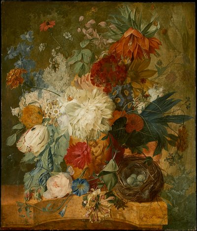 Stilleben med blomsterbuket og fuglerede af Wybrand Hendriks