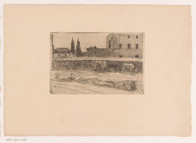 Landskab med bygninger og en figur i arbejde af Xavier Mellery (attributed to)