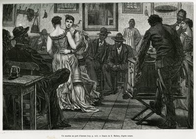 En musico i havnen i Antwerpen, hvor sømænd kan drikke og danse til lyden af det stikkende orgel. Gravering af X.Mellery, for at illustrere historien om Belgien, af Camille Lemonnier, udgivet i Tour du monde, redigeret af Edouard Charton (1807-1890) af Xavier Mellery