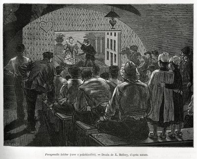 Cellar a Polichinelles, en kælder designet til dukketeater. Gravering af X.Mellery, for at illustrere historien om Belgien, af Camille Lemonnier, udgivet i Tour du monde, redigeret af Edouard Charton (1807-1890) af Xavier Mellery