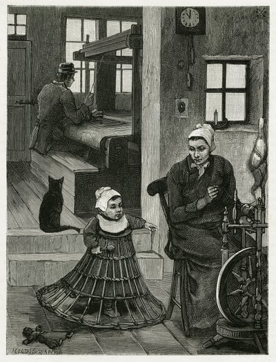 Interiør af bolig og væverværksted, med væveren og hjulet, samt et barn iført fletskørt, der hjælper ham med at tage sine første skridt. Gravering af X.Mellery, for at illustrere historien ""La Belgique"", af Camille Lemonnier (1844-19) af Xavier Mellery