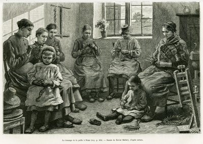 Fletningen af halm har Sluze. Gravering af Xavier Mellery til illustration af historien La Belgique, af Camille Lemonnier, i le tour du monde 1886, instrueret af Edouard Charton (1807-1890), Hachette, Paris. af Xavier Mellery