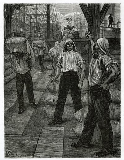 Losningen af et skib, havnearbejderne med hovedet dækket af en asfalteret hætte, hober varerne op på havnen i Antwerpen. Gravering af X.Mellery, for at illustrere historien om Belgien, af Camille Lemonnier, udgivet i Tour du monde, redigeret af Xavier Mellery