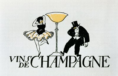 Reklamevignet for champagnevine, der repræsenterer et par, der danser omkring en kop, 20. århundrede (plakat) af Xavier Nogues