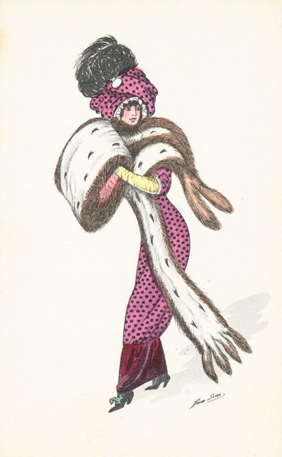 Elegant parisisk kvinde med lang pelsstol (chromolitho) af Xavier Sager