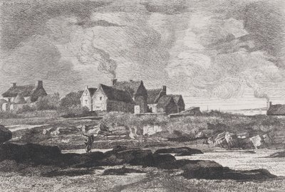 Landskab med en flod der løber til højre og huse i baggrunden, 1845-75. af Xavier de Dananche