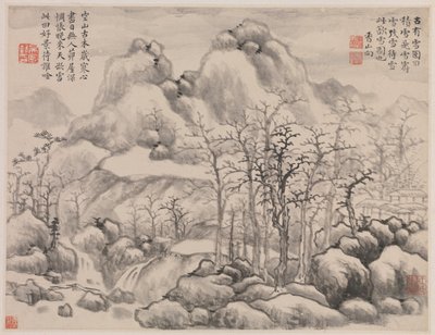 Snowscape, fra Album for Zhou Lianggong, dateret til 1645-55 (dobbelt albumblad fra et kollektivt album med tolv malerier og modstående sider med kalligrafi; blæk på papir) af Xiang Yun