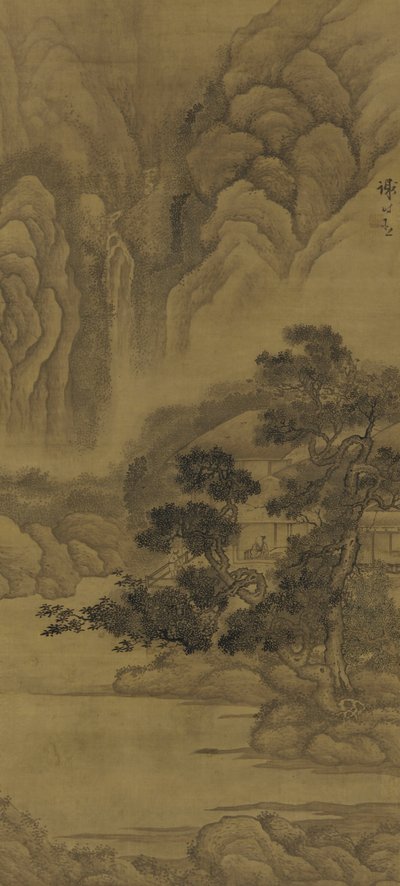 Læsning i en hytte med stråtag, Ming-dynastiet (inka og farve på silke) af Xie Shichen