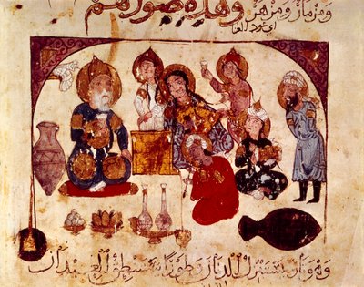 Abou-Zayd på Hanah-værtshuset, miniature fra "Maqamat" (Sayings), ms. 3929, fol. 34v af Yahya ibn Mahmud Al Wasiti