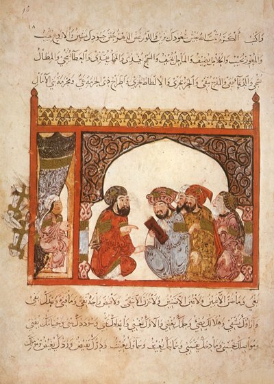 Ms Ar 5847 f.16, Kancelli Maragha: guvernøren har foreslået Abu Zayd at træde i hans tjeneste, fra Al Maqamat af Al Hariri, ca. 1240 (gouache på vellum) af Yahya ibn Mahmud Al Wasiti