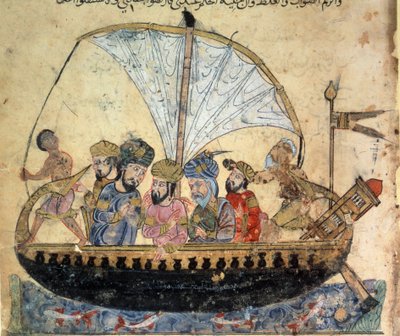 den borgerlige al-Harith (Al Harith), søn af Hammam, og den omvandrende navigatør Abu-Zayd (Abu Zayd) på en båd, der sejler på Eufrat-miniaturen fra "Maqamat" (Seancer) af Abu Mohammed al-Kasim ibn Ali Hariri (eller Al-Hariri eller Al Hariri) (1054-1122) a af Yahya ibn Mahmud Al Wasiti