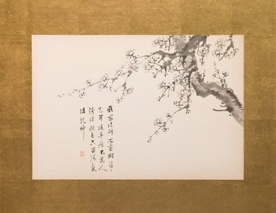 Prunusblomster, foldeskærm, panel 1 af 4, Edo-perioden 1844 (blæk på papir) (se også 752779-82) af Yamamoto Baiitsu
