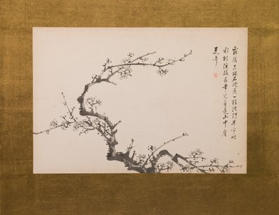 Prunusblomster, foldeskærm, panel 3 af 4, Edo-perioden 1844 (blæk på papir) (se også 752778-82) af Yamamoto Baiitsu