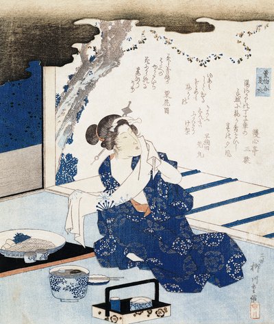 Courtesane iført yukata (blå og hvid bomuldskimono), vægpanel er dekoreret med digt af Yanagawa II Shigenobu