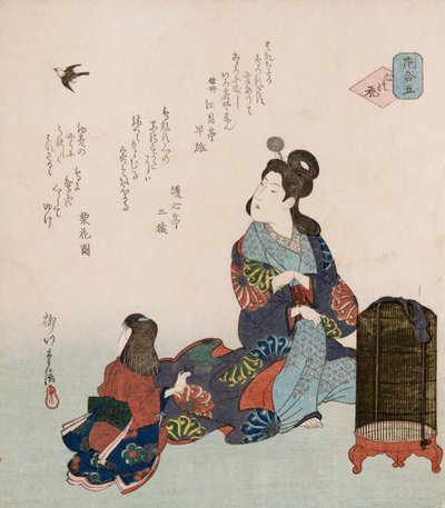 Kokoro no hana "Hjertets blomster", et poetisk udtryk, der sammenligner evigt skiftende menneskelige følelser med let spredte blomsterblomster, der illustrerer en mor og hendes datter, der ser en fugl løsladt fra sit bur, med digte af Shinshu Kogetsutei So af Yanagawa II Shigenobu