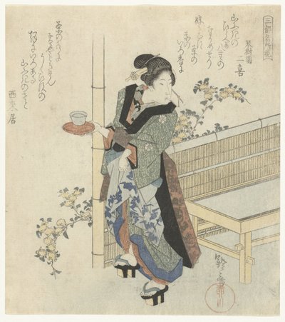 Servitrice hos Yamabuki blomster Berømte blomster fra de tre hovedstæder (serietitel) Santo meishobana (serietitel på objekt) af Yanagawa Shigenobu (I)