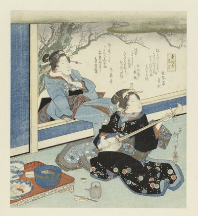 Geisha der spiller Shamisen Sort røgelse (titel på objekt) af Yanagawa Shigenobu (II)