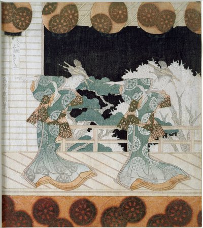 Dansere i traditionelt kostume på en scene Japansk tryk "Surimono" af Yashima Gakutei (1786-1868) 1822 Privat samling af Yashima Gakutei