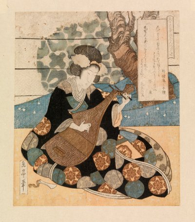 Dame, der spiller et instrument, ca. 1804-40 (farvetræsnit) af Yashima Gakutei