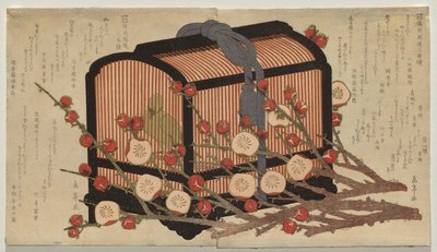 To kontinuerlige designs til Bizen Province Club under Go-gawa Group: Warbler i et bur med grene af blomstrende blomme af Yashima Gakutei