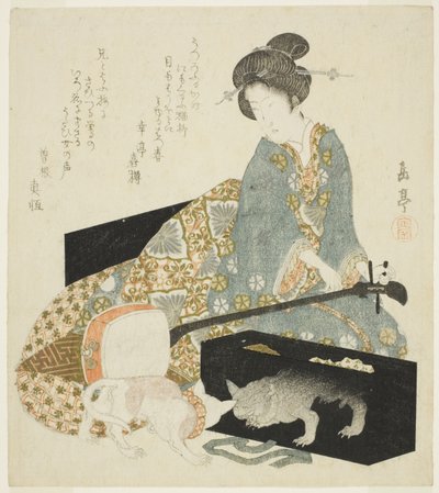 Kvinde med Shamisen og kat af Yashima Gakutei