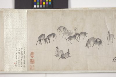Et hundrede æsler, der transporterer korn, håndrulle, ca. 1700 (blæk på papir) af Ye Yin