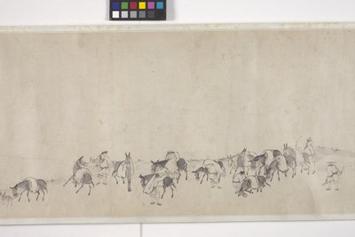 Et hundrede æsler, der transporterer korn, håndrulle, ca. 1700 (blæk på papir) af Ye Yin