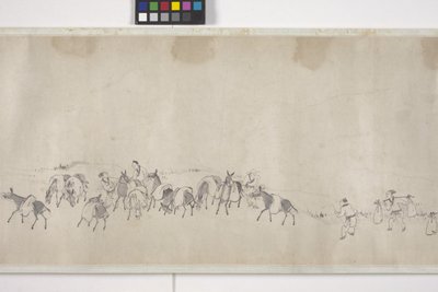 Et hundrede æsler, der transporterer korn, håndrulle, ca. 1700 (blæk på papir) af Ye Yin