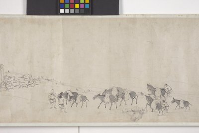 Et hundrede æsler, der transporterer korn, håndrulle, ca. 1700 (blæk på papir) af Ye Yin