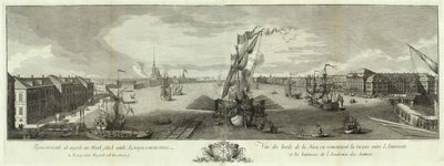 Udsigt over Neva nedstrøms fra Admiralitetet og Videnskabsakademiets bog til 50-årsdagen for Skt. Petersborg, 1753 af Yefim Grigoryevich Vinogradov