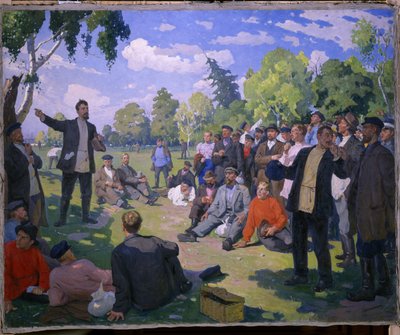 Arbejdernes dag 1. i 1891 (maj i 1891). Hviledag og indsamling af arbejdere i en solrig park. Maleri af Yefim Mikhailovich Tcheptsov (1875-1950), olie på lærred 1935. Sovjetisk kunst fra det 20. århundrede. Det russiske statsmuseum, Saint af Yefim Mikhailovich Tcheptsov