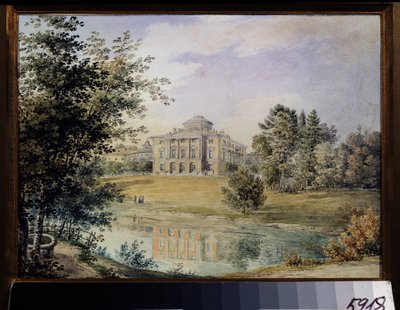Udsigt over Pavlovsk-paladset (Sankt Petersborg). (Udsigt over Pavlovsk-paladset). Bygget mellem 1782 og 1786 af arkitekten Charles Cameron. Værk af Yegor Yegorovich Meier (1822-1867), akvarel på papir af Yegor Yegorovich Meier