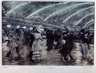 Tango a Luna Park (Tango Dance at Luna Park). Par dansere på et bredt gulv, oplyst fra loftet af guirlander af lys. Kunstværk af Yelisaveta (Elisabeth) Sergeyevna Kruglikova (Elizaveta Sergeevna Krouglikova) (1865-1941), gravering ( af Yelisaveta Sergeyevna Kruglikova