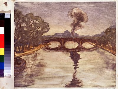 En båd på Seinen. (En båd på Seinen). Peinture de Yelisaveta (Elisabeth) Sergeyevna Kruglikova (Elizaveta Sergeevna Krouglikova) (1865-1941), estampe (monotype) af Yelisaveta Sergeyevna Kruglikova