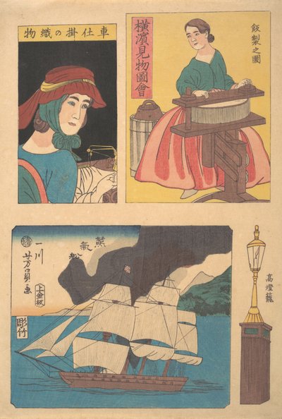 Billede af Seværdigheder i Yokohama: Kvinde med en vrider, lygtepæl, en dampbåd på ..., 11. måned, 1860. af Yoshikazu