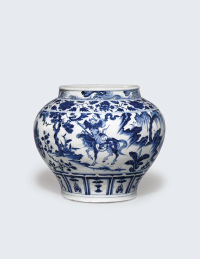 En usædvanlig sjælden og vigtig blå og hvid krukke, Guan af Yuan Dynasty Chinese School