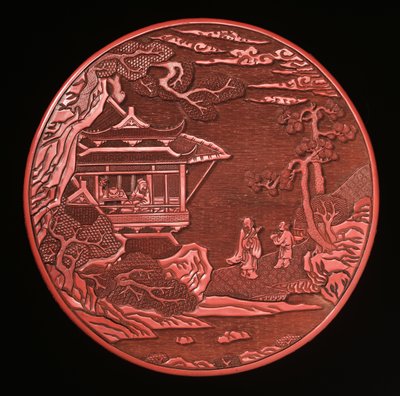 Cirkulær udskåret cinnoberæske og låg (lakeret træ) (se også 272180 og 272181) af Yuan Dynasty Chinese School