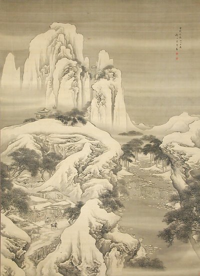 Kro og rejsende i Snowy Mountains, dateret 1745. af Yuan Yao