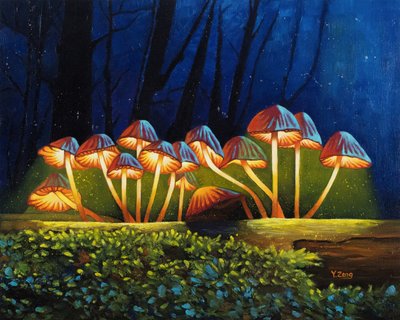 Nightlight glowing mushrooms, 2023 (olie på lærred) af Yue Zeng