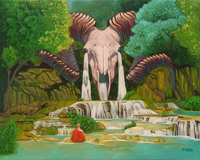 Ram skull waterfall, 2023 (olie på lærred) af Yue Zeng