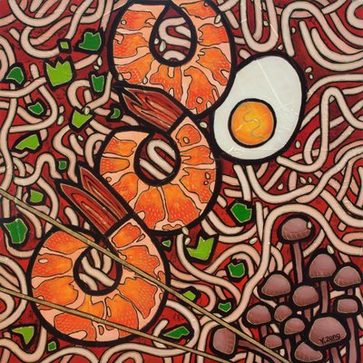 Ramen noodle Shrimp, 2023 (blandede medier på træplade) af Yue Zeng