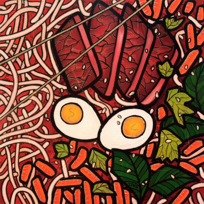 Ramen noodle beef, 2022 (blandede medier på træplade) af Yue Zeng