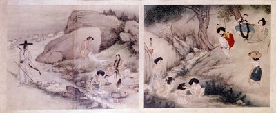 Art coreen: kvinder, der vasker deres tøj og klæder sig på, og kvinder, der tager deres toiletter og underholder sig selv. Tryk af Sin Yun Bok (eller Hyewon) (f. 1758). Hyung Pil Chun Collection af Yun bok Sin
