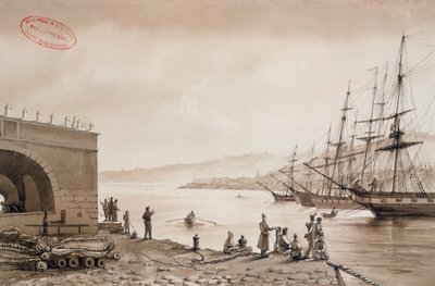 Udsigt over Fort Bab Azoun fra havnen, Algier, ca. 1830-31 (wc på papir) af Yung