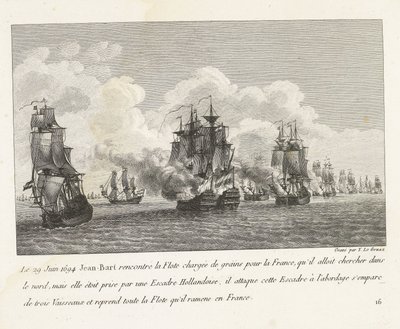 Jan Bart herovert graanschepen op een Hollands eskader, 1694 Den 29. juni 1694 mødte Jean-Bart flåden lastet med korn til Frankrig (...) og overtog hele flåden, som han bragte tilbage til Frankrig (titel på objekt) Indsamling af kampene fra Jean-Bart, chef af Yves Marie Le Gouaz